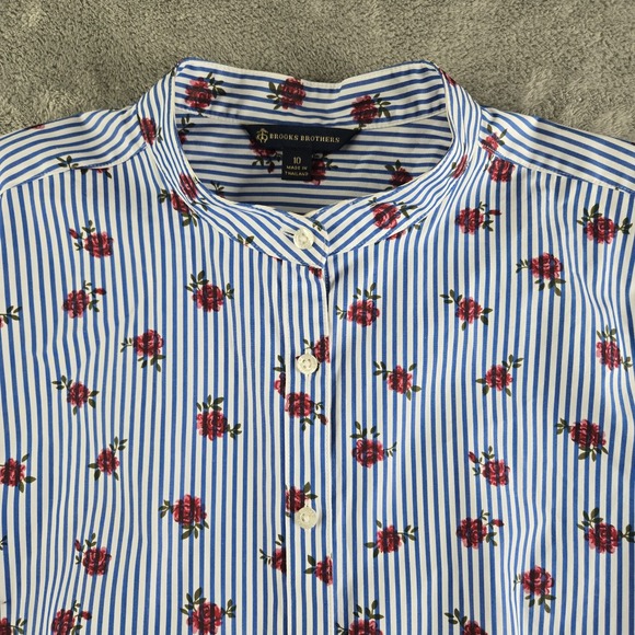 Brooks Brothers Shirt Womens 10 White Blue Striped Roses Long Sleeve Career Work - Picture 5 of 11